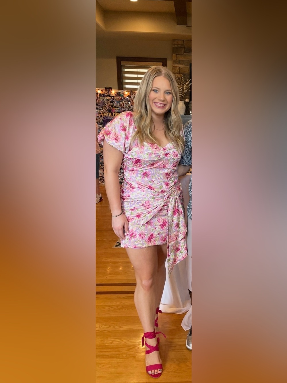 Floral Ruched Pink Mini Dress with Side Drape